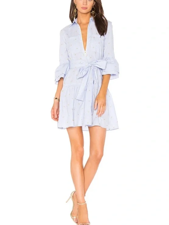 Derek Lam 10 Crosby Blue Striped Embroidered Gold Shirt Dress Size 4 - Picture 6 of 7